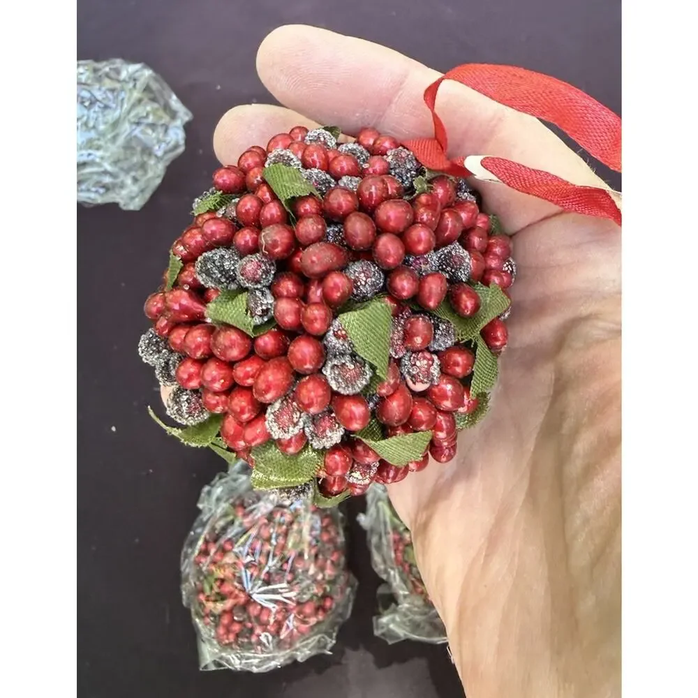6 CRATE & BARREL Christmas Ornament Red Sugared Berry Ball New Tag 412-112 -46D